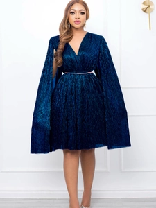 Metallic navy V-neck pleated dress with cape sleeves and a slim metal belt