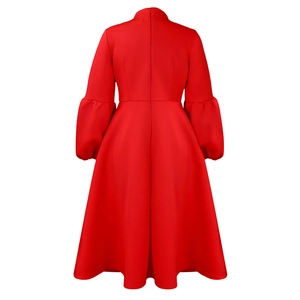 Detail view of the red lantern sleeve dress featuring a back zipper and high waist cut