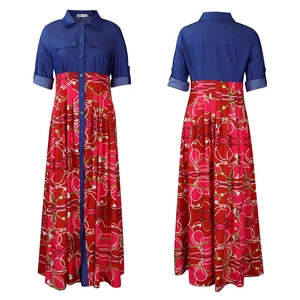 Détail de robe maxi patchwork en jean avec jupe imprimée rétro et boutonnage