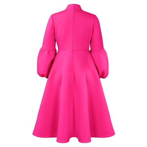 Detail of rose pink dress featuring lantern sleeves and high waist A-line back design