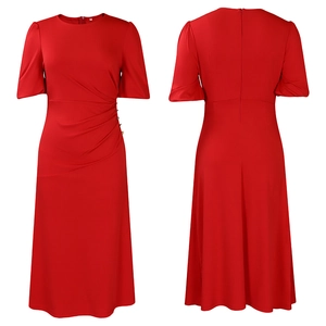 Front and back view showing the pleated waist detail and side buttons of the red dress