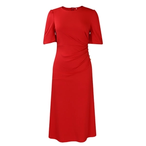 Detail of red crew neck midi dress with puff sleeves and side waist pleated buckle decor