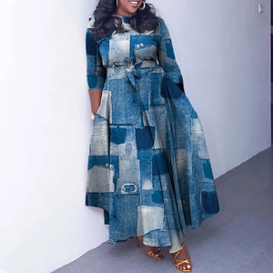 Detail view of long sleeve dress featuring vintage denim patchwork digital print design