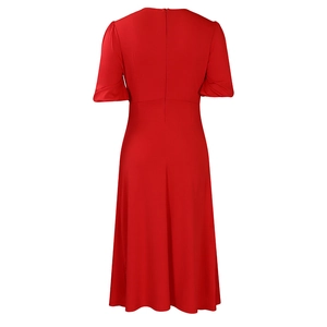 Detail view of the red short sleeve dress showing the back invisible zipper and A-line hem