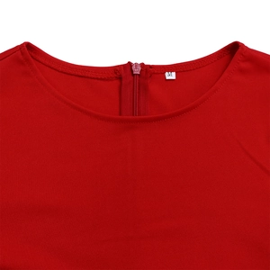 Detail view of red dress round neck and back zipper with size M label clearly visible