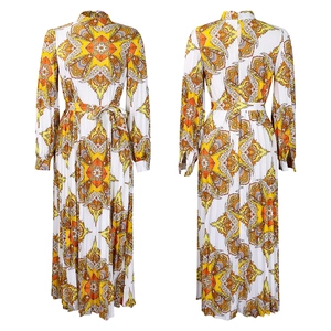 Detailed front and back view of long sleeve pleated dress with yellow mandala print