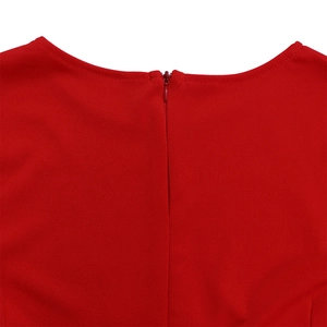 Close-up of invisible zipper and neat stitching on back of bright red dress neck