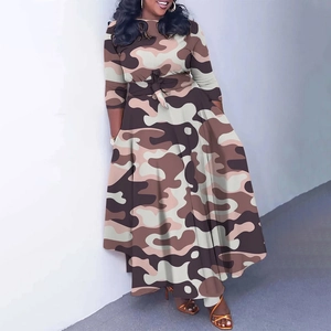 Close-up of camouflage print dress featuring waist tie and elegant flared skirt detail