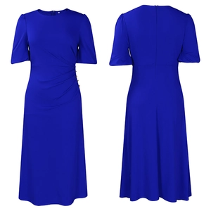Detail view showing side waist pleats and decorative gold buttons on a royal blue dress