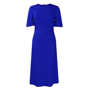 Detail of royal blue midi dress with bubble sleeves and side pleats with gold buckle