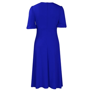 Detail of royal blue short sleeve dress showing the invisible back zipper and A-line cut