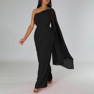Elegant black one-shoulder jumpsuit with asymmetric cape detail and wide leg pants