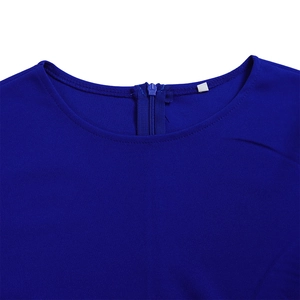 Detail of royal blue short sleeve dress showing round neck and hidden back zipper craft