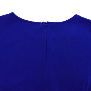 Detail view of round neckline and invisible zipper back on this royal blue dress