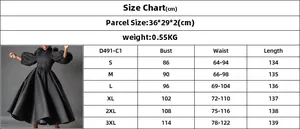 Detailed size chart for solid color puff sleeve maxi dress from S to 3XL with measurements