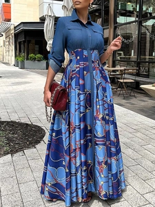 Robe Longue Décontractée En Patchwork De Denim Pour Femmes Imprimés Floraux Et Jupe Plissée Évasée Pour Un Style Streetwear Bohème Élégant