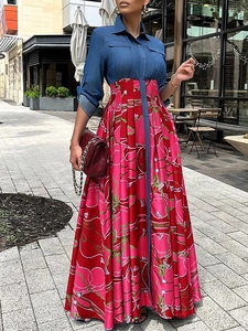 Robe longue chic en denim patchwork avec jupe plissée à imprimé chaîne pour femmes