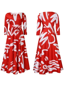 Front and back view of red floral printed dress with waist tie and A-line skirt