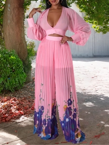 Pink two-piece chiffon set with V-neck pleated top and floral wide-leg pants for women