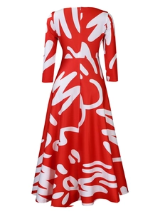 Detailed back view of a red and white floral maxi dress with waistline tie and zipper