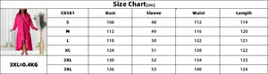 Detailed size chart for the loose long-sleeved midi dress from sizes S to 3XL