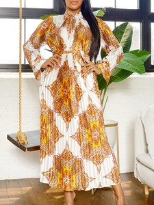 Women Bohemian Paisley Print High Neck Long Sleeve Pleated Maxi Dress Elegant Vintage Geometric Floral Vacation Party Dress