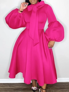 Hot pink puff sleeve midi dress with oversized bow collar and flared A-line skirt