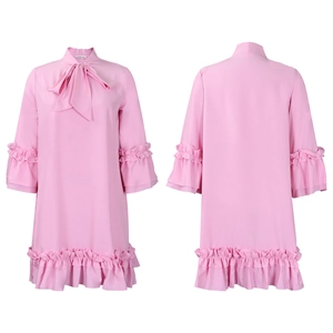 Detailed front and back view of pink A-line dress with bow tie neck and ruffled sleeves