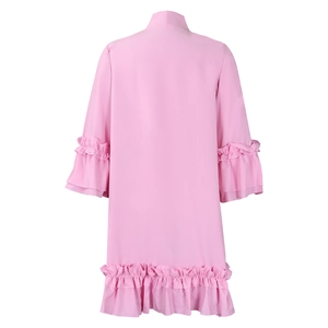 Pink flared sleeve dress with ruffle hem detail and solid color design back view
