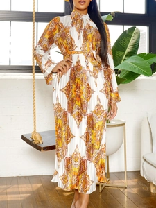 Bohemian paisley print long sleeve pleated maxi dress with waist tie and high ruffled collar