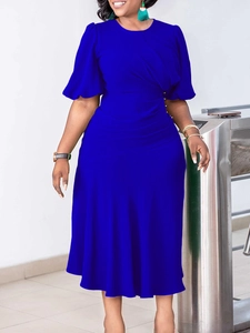 Women's bright blue short sleeve midi dress with elegant round neck and ruched waist detail