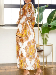 Bohemian paisley print pleated maxi dress with long sleeves in retro floral style