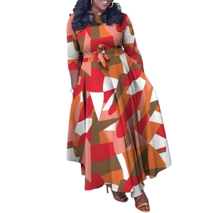 Detail of plus size long sleeve dress with colorful geometric print and tie waist