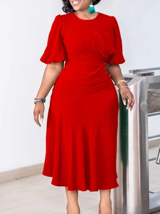 Short sleeve red midi dress with ruffled sleeves and pleated waist for elegant women