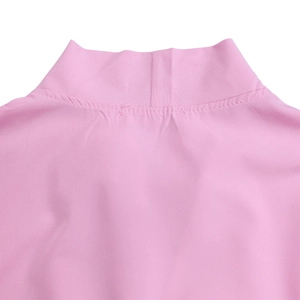 Close-up of pink flared sleeve dress collar with stand-up neckline and fine stitching
