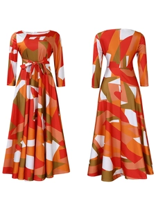 Front and back view of long sleeve maxi dress with geometric print and waist tie
