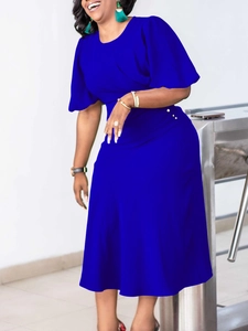 Royal blue short sleeve bodycon dress with round neck and decorative pearl buttons