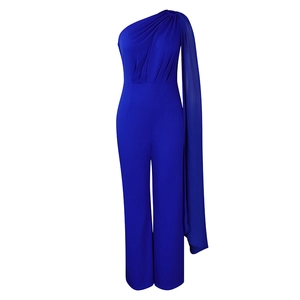 Close-up of royal blue one-shoulder jumpsuit with draped sash and wide-leg design