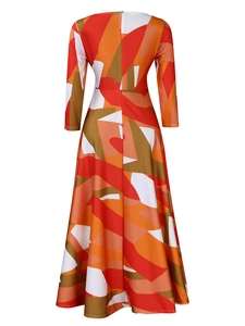 Detailed back view of a high-waisted A-line dress featuring bold geometric abstract prints
