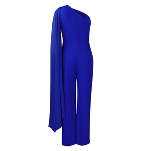 Rear view of dark blue one-shoulder jumpsuit with floor-length cape and hidden zipper