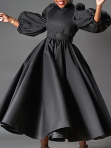Women Plus Size Solid Color A-Line Midi Dress Puff Sleeve High Waist Mock Neck Belted Elegant Party Evening Wedding Dress