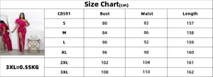 Detailed size chart for the sequin evening gown with bust, waist and length measurements