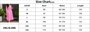 Detailed size chart for elegant long sleeve pleated maxi dress with belt measurements