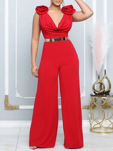 Tuta Intera Donna Elegante Scollo a V Senza Maniche Gamba Larga Con Decorazione Floreale 3D Cintura in Metallo Dorato Tuta da Sera