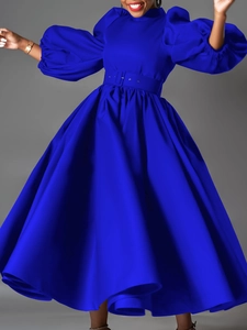 Elegant royal blue maxi dress featuring voluminous lantern sleeves and a cinched waist belt