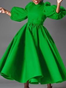 Emerald green puff sleeve A-line midi dress with high neck and matching belt