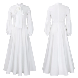 Front and back view of white long sleeve maxi dress with bow tie neck and puff sleeves