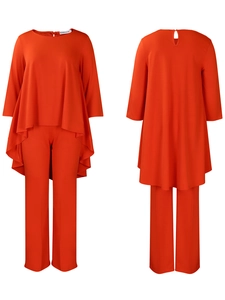 Detailed front and back view of elegant orange two-piece set with asymmetrical top and pants