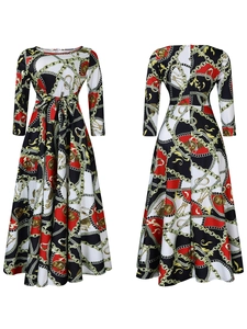 Front and back view of elegant maxi dress with vintage gold chain and medallion print