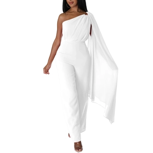 Elegant one shoulder white jumpsuit with floor length cape and gold metal ring detail